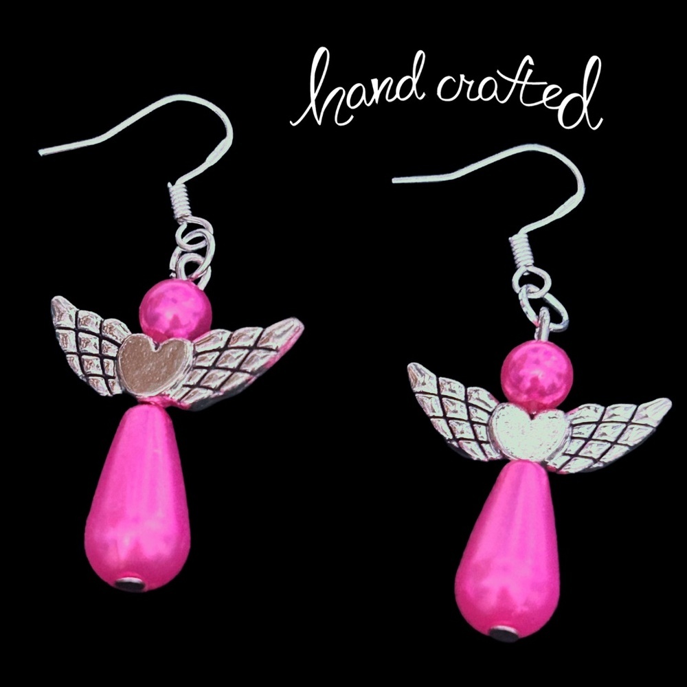 Hand Crafted Earrings 3-D Articulating Angel Hot Pink Pearl Silver Plate Wires